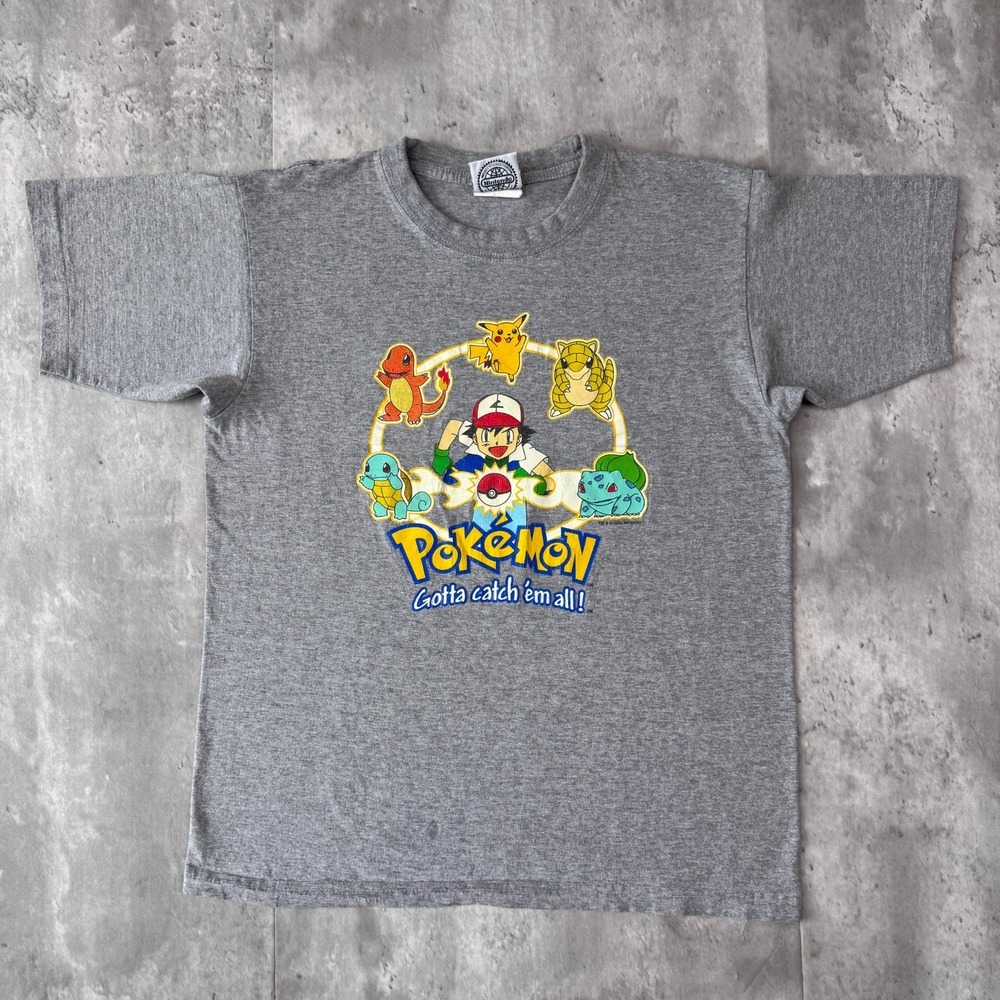 Vintage Pokemon T-Shirt Youth L Gray Ash Ketchum Pikachu Nintendo Graphic 1999